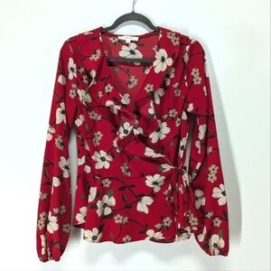 Lydelle Wrap Top Red with Dogwood Flowers L Peplum Lightweight Office V Neck